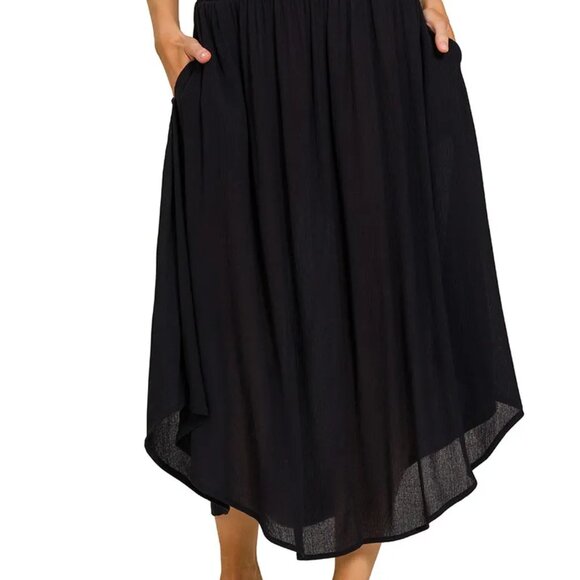 Zenana Woven Crinkle Smocked Waist Maxi Skirt W Pockets - Picture 2 of 4